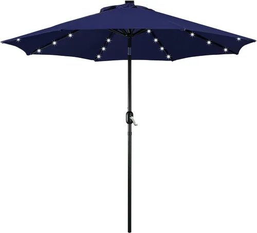 Vista 11 de Yaheetech Sombrilla solar de 9 pies para patio, sombrilla de mercado para mesa al aire libre con 8 varillas y 32 luces LED, inclinación, manivela