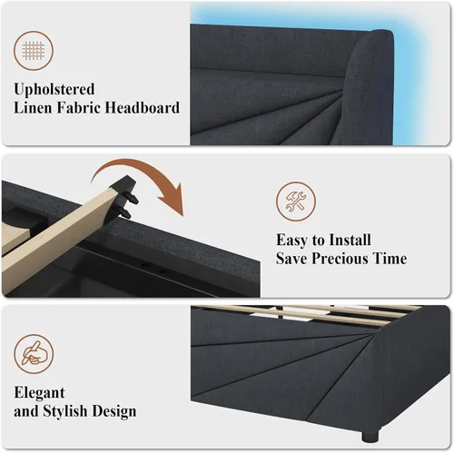 Vista 7 de Base de cama de almacenamiento tamaño Queen con 4 cajones de almacenamiento, base de cama tapizada con cabecera con alas LED copetudas, estación