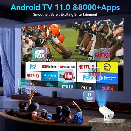Vista 6 de Proyector HY300 con WIFI6 y Bluetooth, soporte 4K 1080P con Android TV 11.0, mini proyector portátil giratorio 180°, proyector de película auto