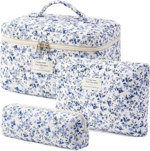 Vista 35 de HBselect Bolsa de Maquillaje Acolchada, 3 Piezas de Gran Bolsa de Maquillaje de Viaje de Algodón, Linda Bolsa de Maquillaje Floral Coquette, Bolsa