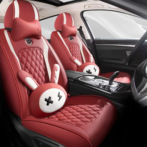 Vista 8 de Juego de fundas para asiento de lindo conejito, 5 piezas con cuero PU impermeable para autos, SUV, camionetas, ajuste universal (Beige)