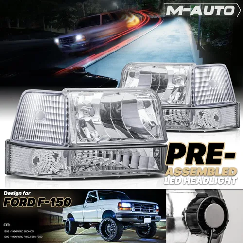 Vista 2 de M-AUTO Conjunto de faros delanteros con 2 bombillas LED premontadas de 6000 K compatibles con Ford F150/250/350 Bronco 92-96, luces cromadas