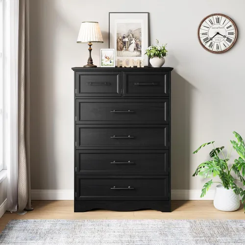 Vista 6 de Cómoda de Granja Negra para Dormitorio, Moderna Cómoda de 6 Cajones, Cómoda Alta de 44" con Manijas de Metal Cepillado, Organizadores de Armario