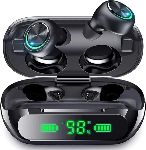 Vista 8 de Auriculares inalámbricos de 200 horas de reproducción Bluetooth, IPX7 impermeable, con cancelación de ruido, pantalla LED de alimentación con funda