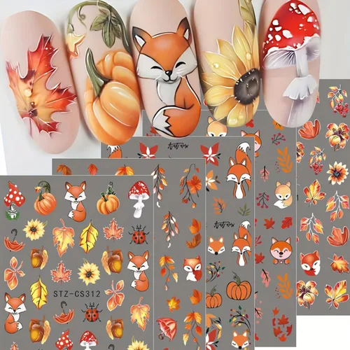 Vista 23 de 8 hojas de calcomanías de uñas de Halloween con diseños de fantasmas lindos, calabaza, araña, telaraña, sangre, llama 3D, autoadhesivas, Otoño
