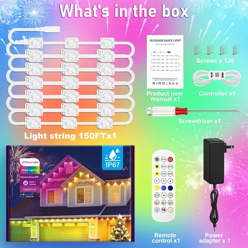 Vista 6 de MUCCCUTE Luces Permanentes al Aire Libre para Navidad de 150 pies RGB + IC para Aleros con Aplicación y Control Remoto, Cadena de Luces LED al Aire