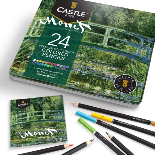Vista 9 de Castle Arts - Juego de 24 lápices de colores en caja de lata temática, colores perfectos para arte botánico. Con núcleos de colores lisos de alta