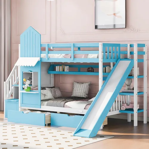 Vista 72 de Cama de casa de tamaño individual con elegantes ventanas y estantería, litera con diseño de castillo de madera con barandillas de seguridad