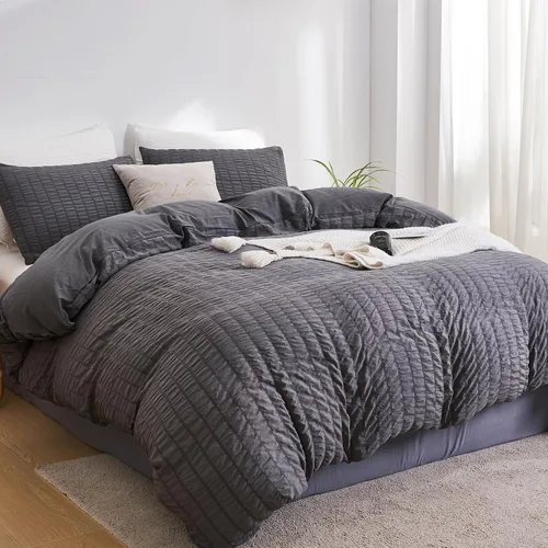 Vista 2 de DuShow - Juego de funda de edredón con lino ultra suave, sirsaca, cierre de cremallera y color liso, 3 piezas