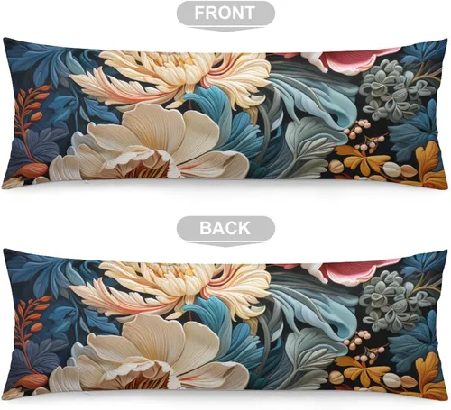 Vista 3 de Funda de almohada corporal, funda de almohada larga floral azul con cremallera, funda de almohada rectangular suave, fundas de almohada grandes