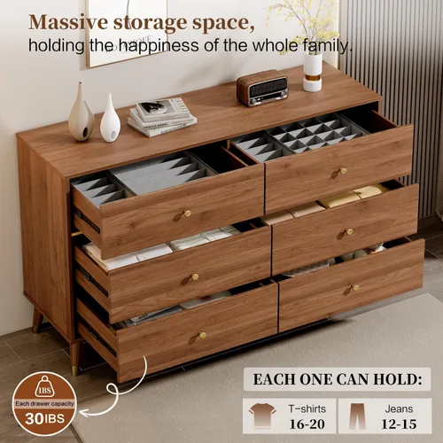 Vista 4 de Chrangmay Cómoda de 6 cajones, cómoda de mediados de siglo de 47 pulgadas de ancho, cómoda de madera con 6 cajones de almacenamiento