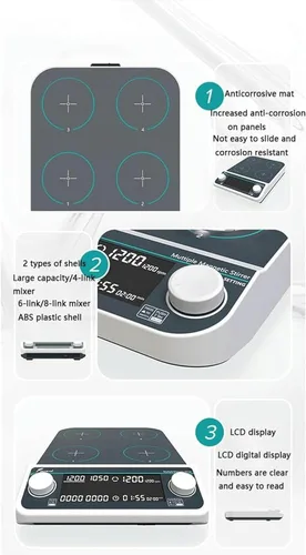 Vista 7 de Multi-Position Magnetic Stirrer,4 Stirring Points,2000 Ml Magnetic Stirrer,50-1500Rpm Adjustable Speed,Led LCD Display, Suitable for Schools and