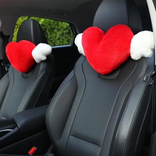 Vista 13 de Paquete de 2 almohadas para reposacabezas de automóvil en forma de corazón con alas de ángel, cómodo cojín suave para reposacabezas kawaii