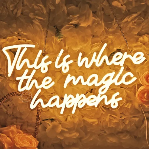 Vista 4 de SYLHOME Letrero de luz LED de neón con texto en inglés «This Is Where The Magic Happens», para dormitorio, boda, fiesta de cumpleaños, decoración