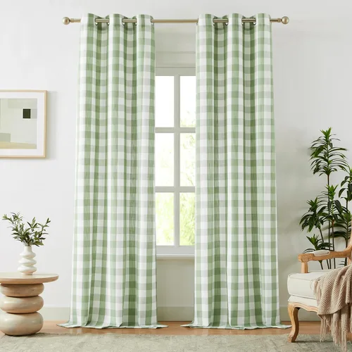 Vista 38 de Amzdecor Cortinas a cuadros de búfalo con ojales de 54 pulgadas de largo, cortinas texturizadas semitransparentes para sala de estar y dormitorio, 2