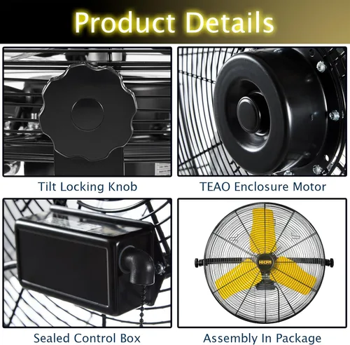 Vista 5 de HiCFM Ventilador industrial de pared 9100 CFM de 24 pulgadas con motor de recinto TEAO, rodamiento de bolas lubricado permanente, cable de 9 pies