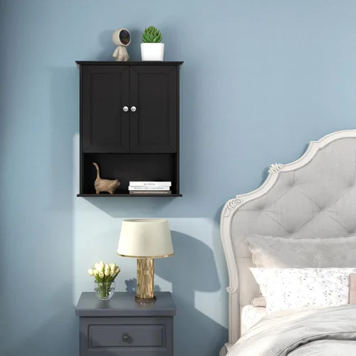 Vista 3 de VANIRROR Armario de pared negro de 24 x 30 pulgadas, armarios de almacenamiento de madera sobre el inodoro con 2 puertas, gabinetes