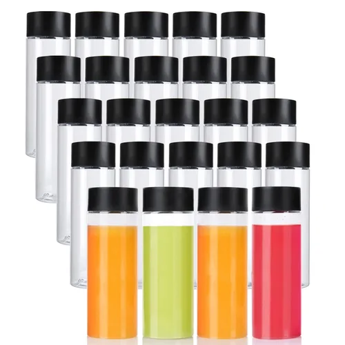 zmybcpack Paquete de 24 botellas de plástico PET transparente de 10 onzas (10.1 fl oz) con tapas negras, botellas de plástico para batidos ideales