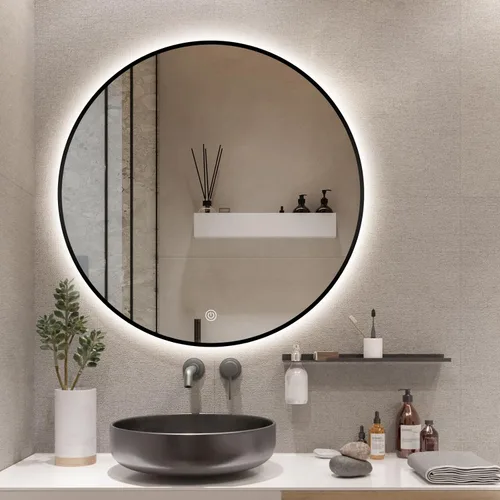 Vista 18 de Niccy Espejo retroiluminado LED redondo de 24 pulgadas con luces, marco negro, espejo de tocador de baño iluminado para pared con antiniebla