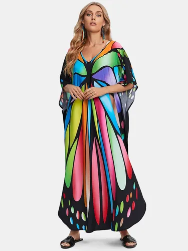 Vista 2 de Vestido RanRui largo hasta el piso, caftán, con botones, para playa, para mujer
