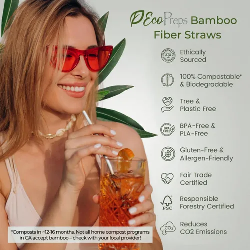 Vista 2 de EcoPreps Pajitas de fibra de bambú biodegradables, 150 unidades, 100% compostables, sin plástico, ecológicas, popotes desechables de fibra vegetal