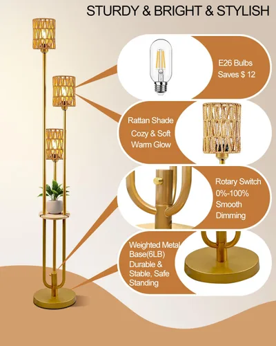 Vista 9 de Lightdot Lámparas de pie bohemias regulables para sala de estar, lámpara de pie de ratán de 3 luces con estantes, lámpara de pie de granja blanca