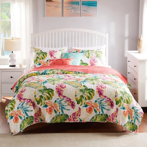 Vista 6 de Greenland Home Tropics Palm Leaves Coastal - Juego de edredón de mezcla de algodón, 3 piezas, matrimonial/queen, coral