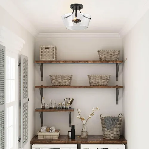 Vista 4 de KSANA Moderna lámpara de techo semiempotrada con vidrio sembrado para dormitorio, cocina, pasillo, entrada, cuarto de servicio y baño, color negro