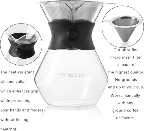 Vista 2 de Mixpresso Pour Over Coffee Maker Set Glass Carafe Borosilicate White Protective Silicone Sleeve, Pour Over Coffee Dripper Brewer With Double-layer