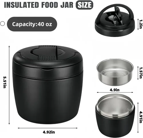 Vista 2 de Recipiente aislado para almuerzo de 40 onzas con bolsa térmica y cuchara plegable, tarro de alimentos de acero inoxidable a prueba de fugas, caja