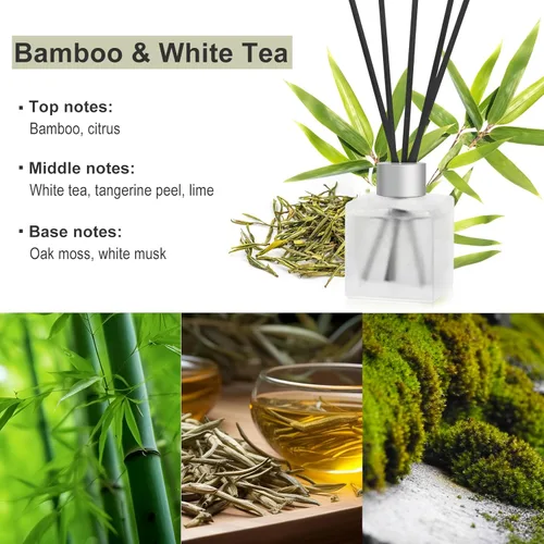 Vista 3 de Difusor de junco, aceite esencial de bambú y té blanco con varillas difusoras para decoración de habitación, 3.4 onzas líquidas (3.4 fl oz) de larga