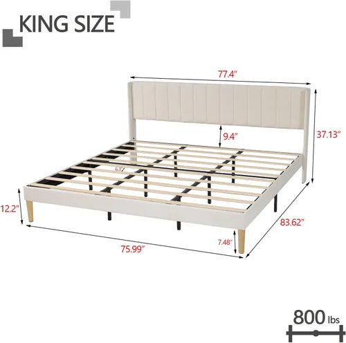 Vista 102 de Zoophyter Base de cama tapizada de plataforma tamaño King con cabecero, listones de madera fuertes, no necesita somier, fácil montaje, lino blanco