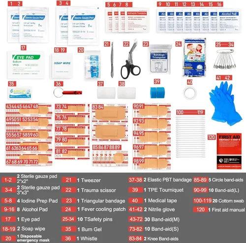 Vista 4 de Kit de primeros auxilios para viajes, automóvil y supervivencia de emergencia, suministros médicos compactos e impermeables con vendajes de trauma