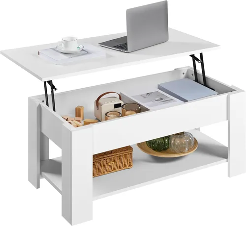 Vista 18 de Yaheetech - Mesa de centro con tapa elevable, compartimento oculto y estante de almacenamiento, mesa de comedor de tablero elevado para sala de Gris