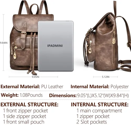 Vista 4 de Dora & Liz Mini mochila para mujer, de cuero, a la moda, retro, pequeña, ligera, de viaje, bolsas de hombro