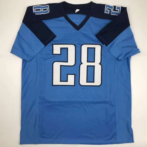 Vista 4 de Camiseta de fútbol firmada/autografiada de Chris Johnson de Tennessee en polvo azul JSA COA