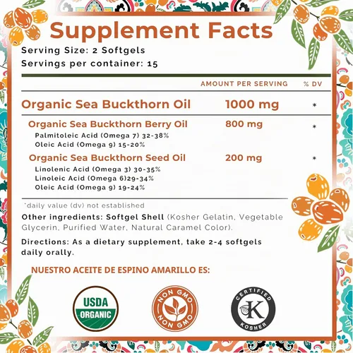 Vista 7 de SeabuckWonders Omega-7 completo, fabricado con aceite de espino amarillo orgánico, 30 cápsulas blandas (500 mg cada uno) Suministro para 15 días