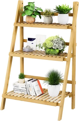 Vista 14 de Estantería de bambú en forma de escalera de 39.4", Estantería para plantas de 3 niveles, plegable, con 4 estantes, 23.6" de ancho x 15