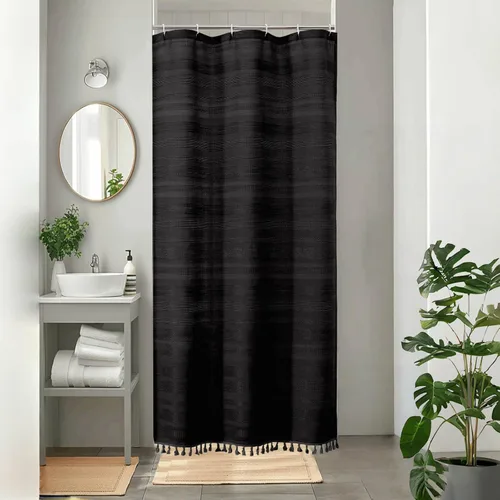 OVZME Cortina de ducha bohemia negra, cortina de ducha estrecha de tela suave a rayas de lino texturizado con borla, moderna decoración de baño