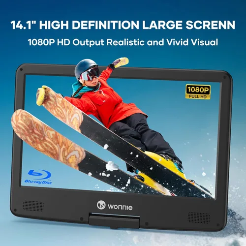 Vista 2 de WONNIE 16.9" Portable Blu Ray Player with 14.1" 1080P Full HD Large Swivel Screen, Blu-ray DVD Player with HDMI Out & AV in, 4-5 Hours Rechargeable