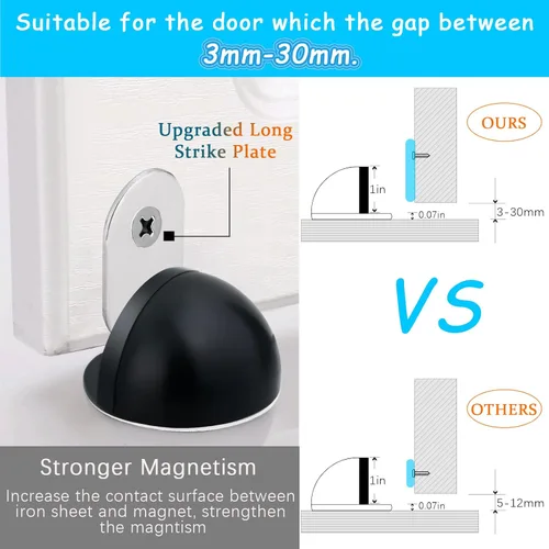 Vista 4 de Tope de puerta, tope magnético para puerta, adhesivo negro, soporte invisible de acero inoxidable, sin taladro, protector de pared, cúpula magnética