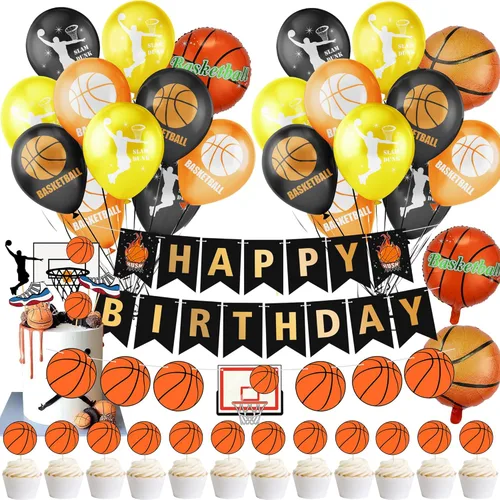 Suministros para fiestas de baloncesto con texto en inglés «Happy Birthday», decoración de pastel de baloncesto y globos temáticos de baloncesto