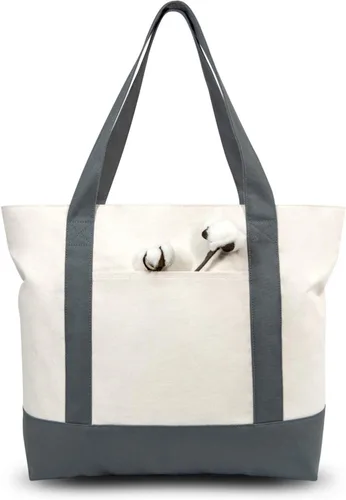 Vista 13 de TOPDesign Paquete de 1 bolsa de lona con bolsillo externo, bolsa de compras reutilizable para comestibles, cierre de cremallera superior, artículos