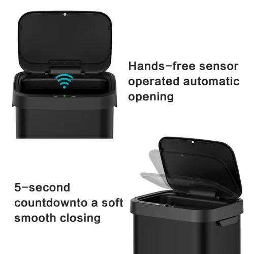 Vista 4 de Bote de basura de acero inoxidable de 13 galones con sensor sin contacto, diseño rectangular ancho, acabado cepillado, tapa automática para el Negro