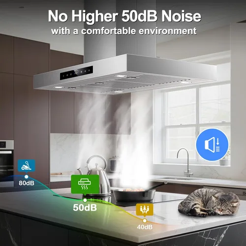 Vista 6 de Campana extractora de isla de 36 pulgadas, montaje en techo de 1200 CFM con detección de gestos de 4 velocidades y control táctil, campana