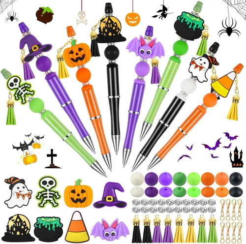 Vista 26 de CZWZ 8 piezas de bolígrafos de cuentas navideños, bolígrafos de plástico con cuentas y cuentas de silicona multicolor, bolígrafos navideños
