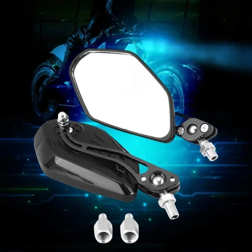 Vista 5 de Qiilu Espejo retrovisor de repuesto para motocicleta, 1 par universal de aluminio con patrón de llama de aluminio con tornillos de 0.315 in/0.394 in