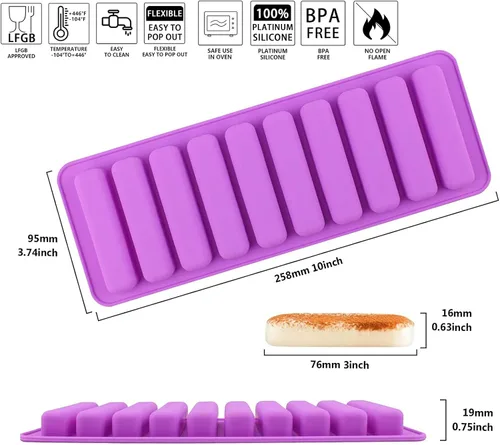 Vista 2 de Molde de silicona de tiras largas en forma de dedo para galletas, 2 unidades de 10 unidades de chocolate con cavidades rectangulares para barra