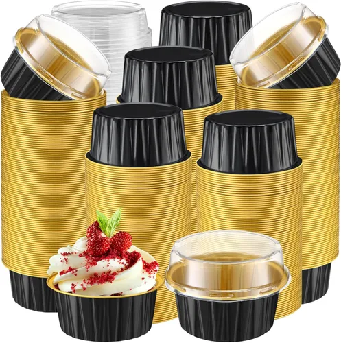 Vista 20 de Gejoy 400 tazas de papel de aluminio para hornear con tapas, moldes desechables de 5 onzas, mini moldes para tartas, moldes para magdalenas, moldes