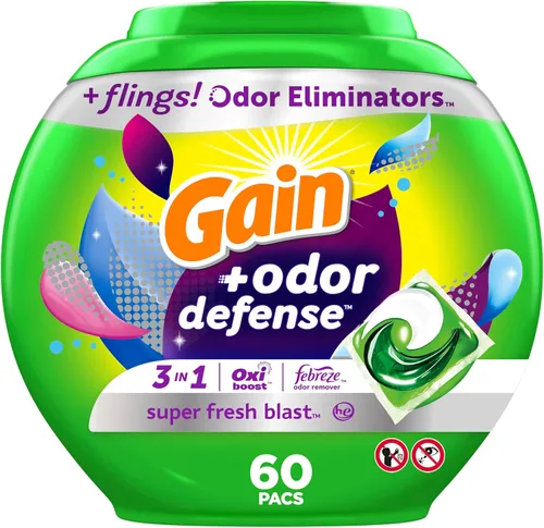Gain Flings cápsulas de detergente para lavandería con defensa contra el olor, 60 unidades, aroma Super Fresh Blast, cápsulas de detergente HE 3en1